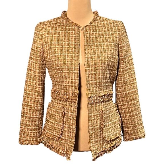 Brooks Brothers Tweed Blazer Sz.6 Tan Fitted Fringe Trim Career Old Money Classy - Picture 1 of 12